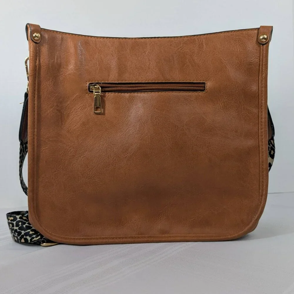 Leather crossbody Hobo style handbag - adjustable leopard print shoulder strap